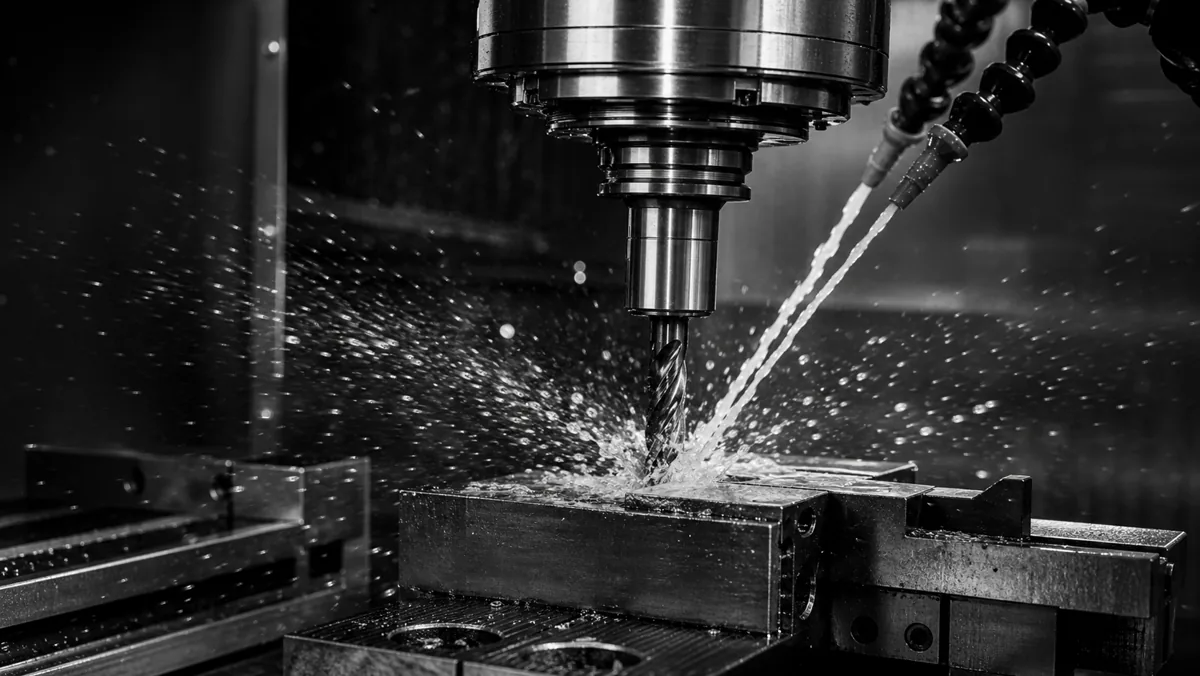 Close-up drill press cutting metal under coolant spray